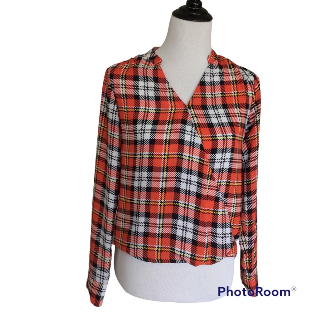 The Limited Orange, White & Black Plaid Surplice Top Long Sleeve XS